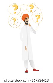 Thinking farmer with question marks. Thoughtful farmer with question marks. Farmer with finger on chin and question marks above his head. Vector flat design illustration isolated on white background.