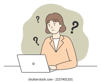 Thinking female office worker in front of pc, vector illustration