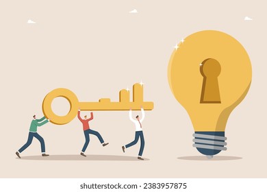 Сreative thinking to find way out of difficult situations, secret key to generating brilliant ideas, teamwork, brainstorming to create innovations and development strategy, men carry key to light bulb