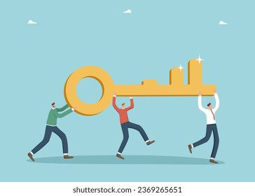Сreative thinking to find ways out of difficult situations, secret key to generating brilliant ideas, teamwork and brainstorming to create innovations and business development strategy, men carry key.