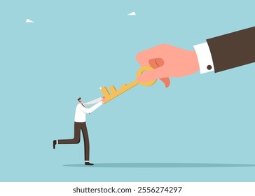 Сreative thinking to find ways out of difficult situations, secret key to generating brilliant ideas, teamwork and brainstorming to create innovations and strategy, large hand gives a man a key.