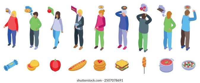 Thinking food icons set. Set of icons representing people thinking about food, with various food icons