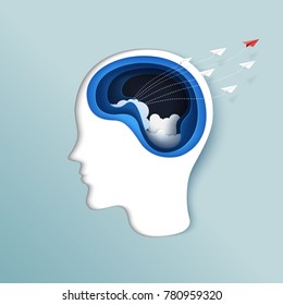 Thinking of freedom or business concept.Paper carve of brain with paper airplanes flying from human head paper art style.Vector illustration.