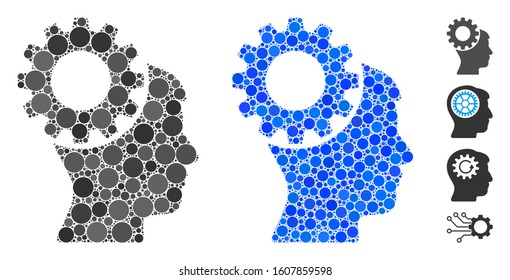 Thinking gear mosaic of filled circles in variable sizes and color tints, based on thinking gear icon. Vector filled circles are grouped into blue mosaic.