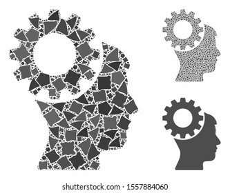 Thinking gear mosaic of rough items in different sizes and color hues, based on thinking gear icon. Vector rough pieces are united into mosaic. Thinking gear icons collage with dotted pattern.
