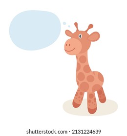 Thinking giraffe. Cute toy giraffe with speech bubble. Drawing illustration in cartoon style. Part of set.