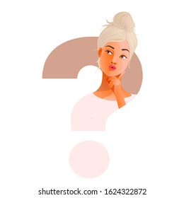 Thinking girl. Beautiful blond woman, curious face, doubts, problems, thoughts, emotions concept. Woman questioning, question mark. Vector fashion illustration