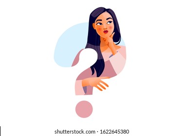 Thinking girl. Beautiful face, doubts, problems, thoughts, emotions. Curious woman questioning, question mark. Vector illustration