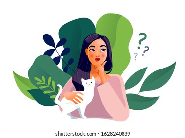 Thinking girl. Beautiful face, doubts, female problems, thoughts, emotions. Curious woman questioning, question mark. Vector illustration