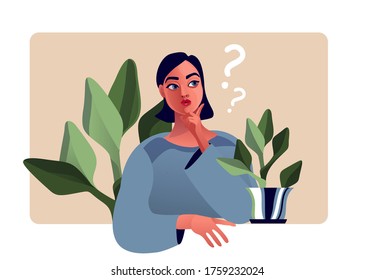 Thinking girl. Beautiful face, doubts, problems, thoughts, emotions. Curious woman questioning, question mark. Vector illustration