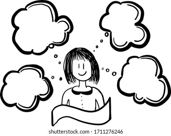Thinking girl, black and flat, doodle, bubbles