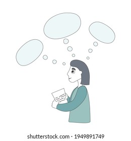 A thinking girl and blank speech bubble. The concept of dreams, plans, goals, and wish list. Cloud for thoughts with place for text.
Doodle style.