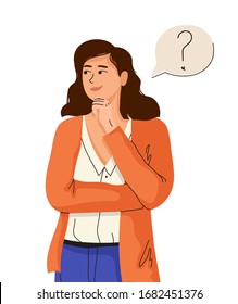 Thinking girl and a bubble with a question mark. Stylish modern vector illustration.