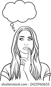 thinking girl with empty speech bubble pop up style outline illustration isolated on transparent background