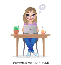 Chica pensante con portátil, portátil, con gafas, camisa, vaqueros y zapatillas azules, y con planta, suculenta en una olla y taza de café sobre una mesa. Ilustración vectorial aislada en fondo blanco.