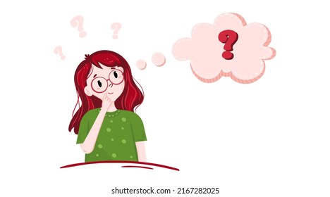 Thinking girl look on question mark. Curious young woman has doubt. Cute Child with confuse face looks on speech bubble. Person is brainstorming.