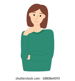 Thinking girl on white background, portrait of pretty woman, vector illustration
