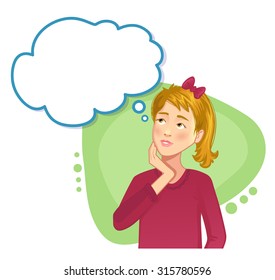 Thinking Girl With Speech Bubble, Vector Image, Eps10