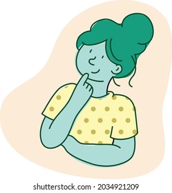 Thinking girl, woman asks questions flat cartoon vector illustration green