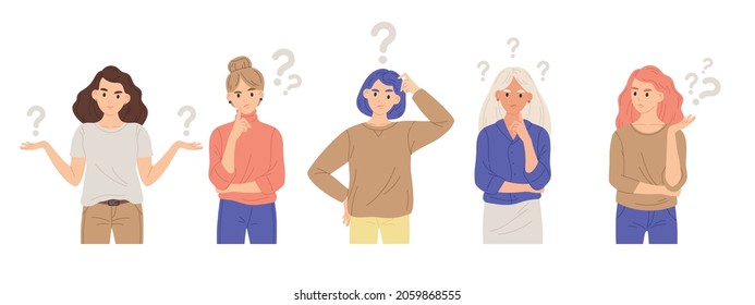 Thinking girls. Thoughtful, pensive or making decision young women flat vector illustration. Bundle of thinking female cartoon characters