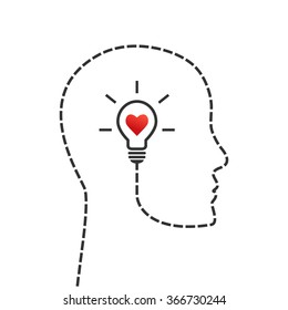 Thinking, good morale and inspiration concept. Face profile and lightbulb as idea symbol with heart inside.