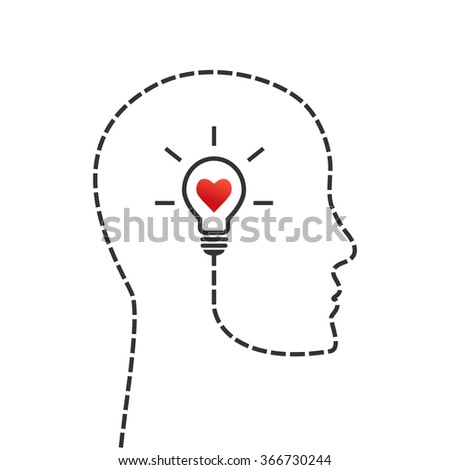 Thinking, good morale and inspiration concept. Face profile and lightbulb as idea symbol with heart inside.