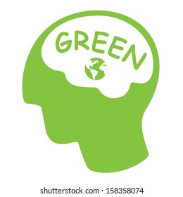 thinking green concept, green silhouette head with word green and earth 