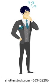 Thinking groom with question marks. Thoughtful groom with question marks. Young asian groom looking at question marks above his head. Vector flat design illustration isolated on white background.