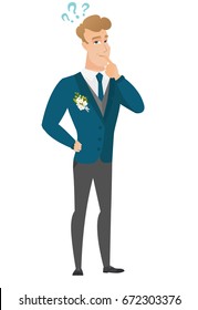 Thinking groom with question marks. Thoughtful groom with question marks. Young caucasian groom looking at question marks above his head. Vector flat design illustration isolated on white background.