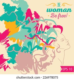thinking happy girl, hand drawn woman in art mood, art therapy banner, vector illustration