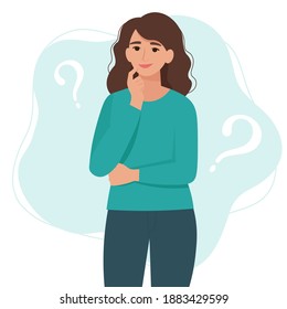 Thinking, but happy woman with question marks. Flat cartoon style vector illustration