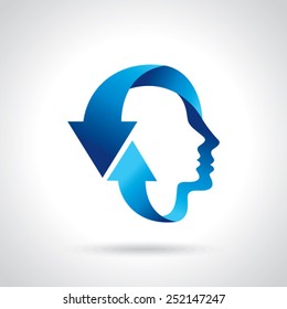 thinking head with blue arrow