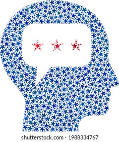 Denken Sie an die Kopfkollage von Sternen in verschiedenen Größen und Farbtönen. Bei der Thinking Head-Illustration werden die offiziellen blauen und roten Farben demokratischer und republikanischer politischer Parteien und Starteile verwendet.