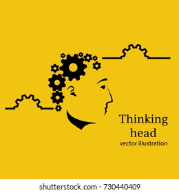Thinking head. Concept works head. Vector illustration flat design. Isolated on white background. Gears brains. Face profile. Problem solving. Creativity mind.