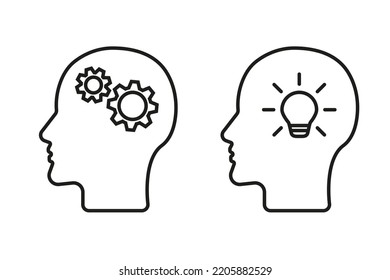 Thinking head with a gear and a light bulb. Contoured icon with a profile face of a person, knowledge and innovation. Creative idea and inspiration, solution and thinking. Vector line illustration