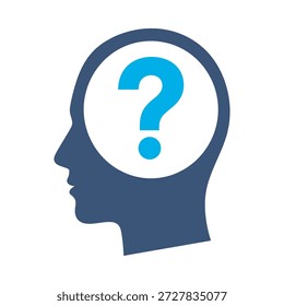 Thinking head icon blue flat vector design question mark symbol brain idea doubt mind confusion problem graphic element sign