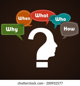 thinking head question diagram of what when where why who how for root cause analysis - vector eps10