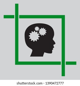 Thinking head sign. Black icon inside green crop tool at light gray background