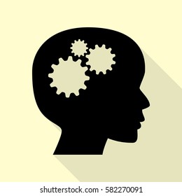 Thinking head sign. Black icon with flat style shadow path on cream background.