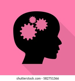 Thinking head sign. Black icon with flat style shadow path on pink background.