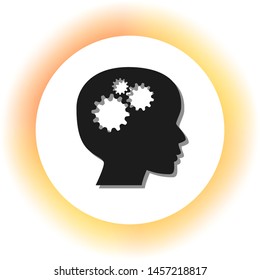 Thinking head sign. Dark icon with shadow on the glowing circle button. Illustration.