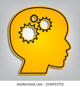 Thinking head sign. Flat orange icon with overlapping linear black icon with gray shadow at whitish background. Illustration.