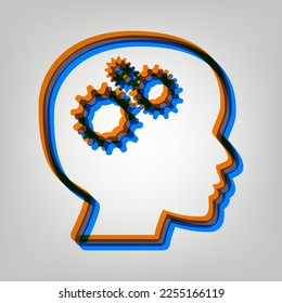 Thinking head sign. Stroked Icon in orange, azure and old lavender Colors at gray Background. Illustration.