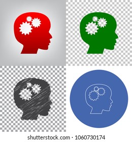 Thinking head sign. Vector. 4 styles. Red gradient in radial lighted background, green flat and gray scribble icons on transparent and linear one in blue circle.