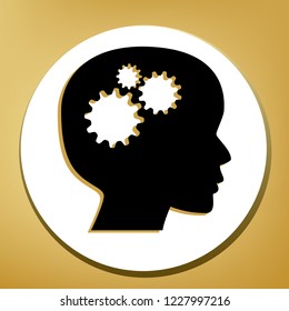 Thinking head sign. Vector. Black icon with light brown shadow in white circle with shaped ring at golden background.
