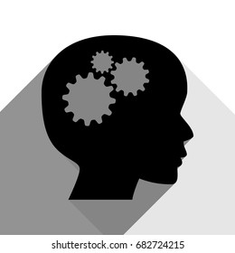 Thinking head sign. Vector. Black icon with two flat gray shadows on white background.