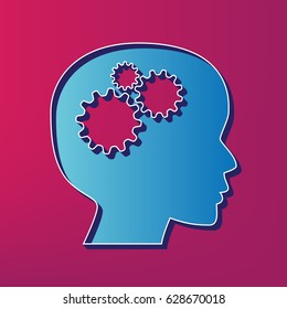 Thinking head sign. Vector. Blue 3d printed icon on magenta background.