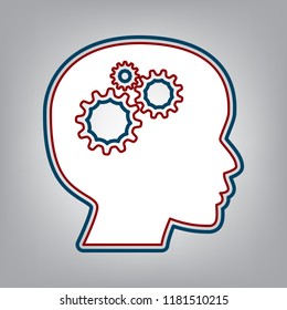 Thinking head sign. Vector. Dark red, transparent and midnight green stroke of white icon at grayish background.