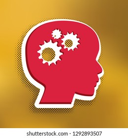 Thinking head sign. Vector. Magenta icon with darker shadow, white sticker and black popart shadow on golden background.