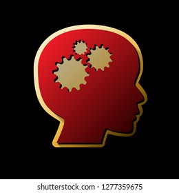 Thinking Head Sign. Vector. Red Icon With Small Black And Limitless Shadows At Golden Sticker On Black Background.